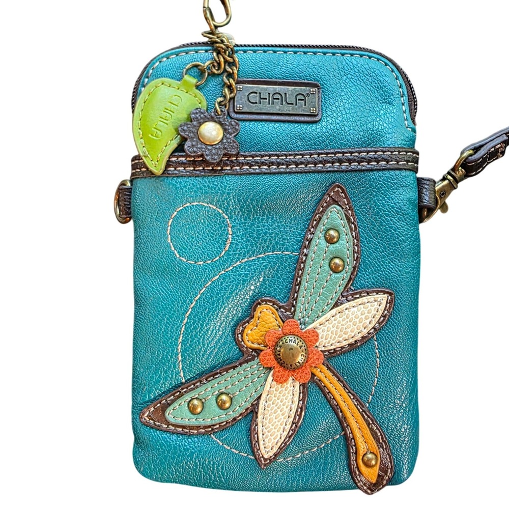 Chala Dragonfly Crossbody Bag Teal Applique Mini Vegan Leather Strap